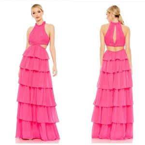 NWT Ieena For Mac Duggal Tiered Ruffle Pleated High Neck Evening Gown S Small
